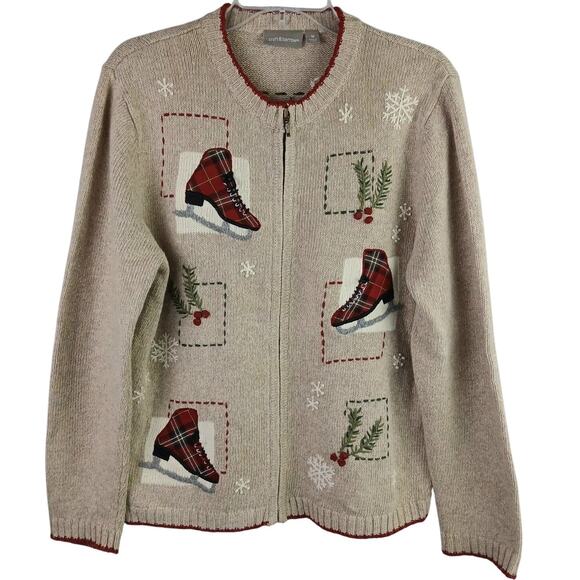 Croft & Barrow VTG SZ M Wool Angora Holiday Full-Zip Sweater Tartan Ice Skates - Picture 2 of 7